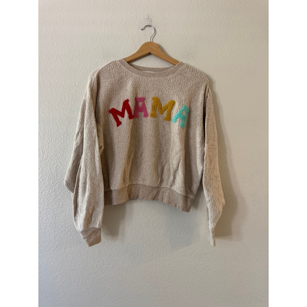PJ Salvage Mama Sweatshirt Sherpa Chenille Lettering XS Tan Beige Good Condition